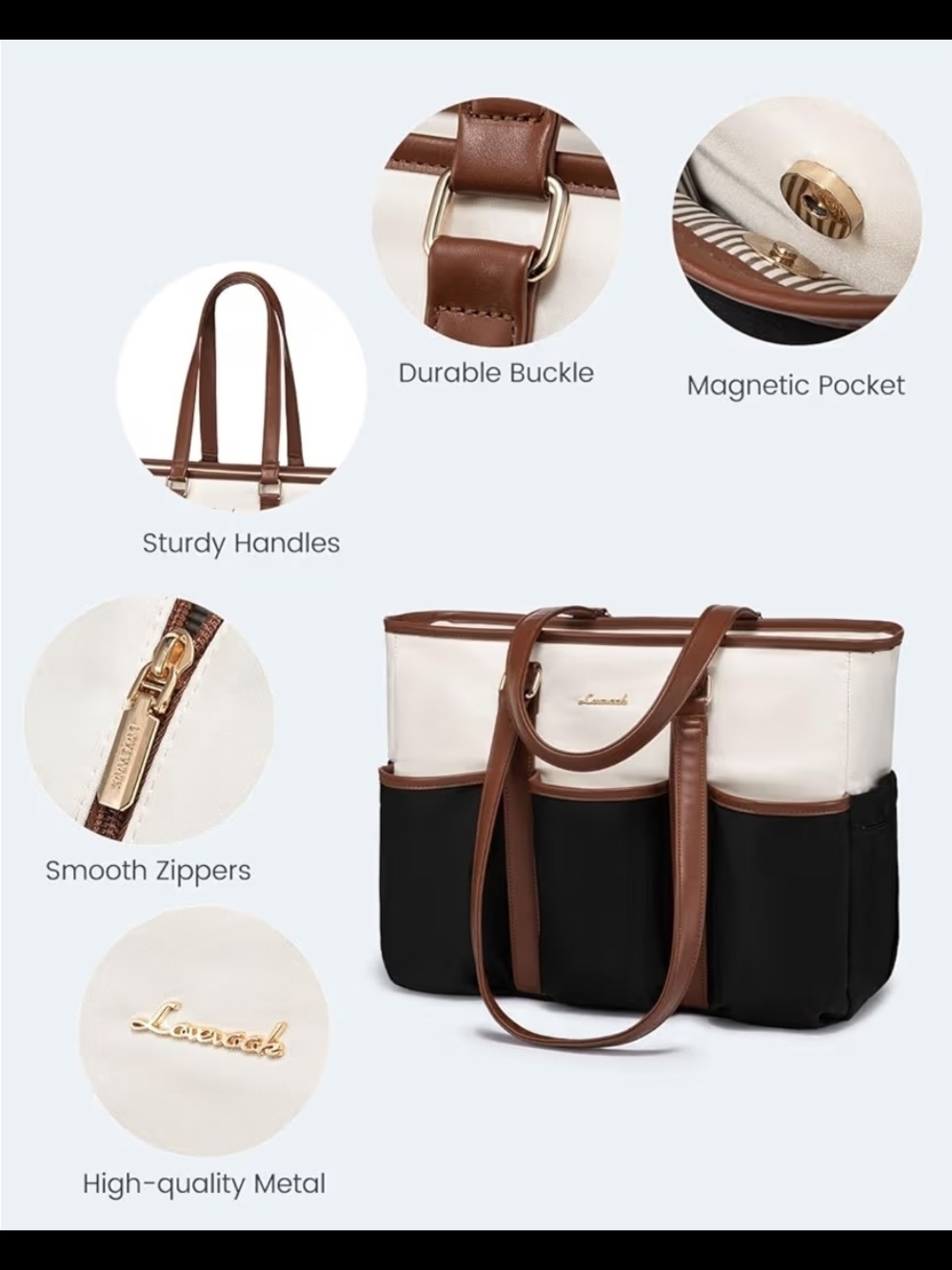 LOVEVOOK Laptop Tote Bag Large Work Bag Women Nylon Leather Trim Beige Brown - Picture 6 of 8